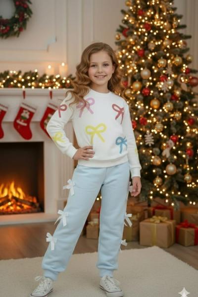 EŞOFMANI FİYONKLU ÜST RENKLİ FİYONK DETAYLI İKİ İP ŞARDONLU KIZ TAKIM Bebe Mavisi