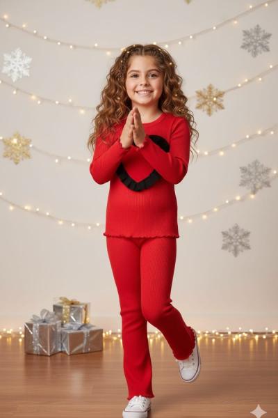 KALP SİYAH FIRFIR DETAYLI RİBANA KIZ TAKIM Kırmızı