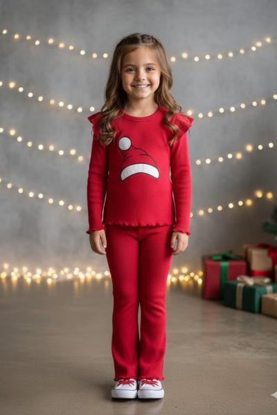 NOEL ŞAPKA RİBANA KIZ TAYTLI TAKIM Kırmızı