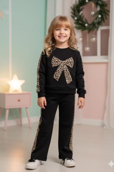 YENİ İKİ İP YANLARI LEOPAR DESENLİ TARZ KIZ TAKIM Siyah