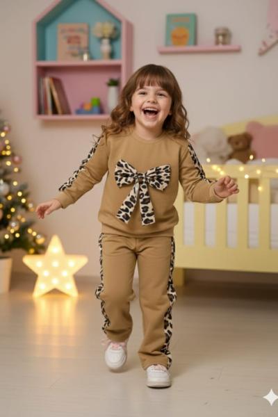 YENİ İKİ İP YANLARI LEOPAR DESENLİ TARZ KIZ TAKIM Bej